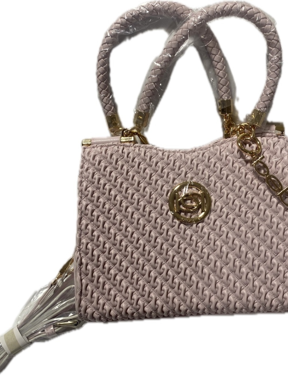 2B Bebe Pale Pink Woven Satchel with Gold Hardware